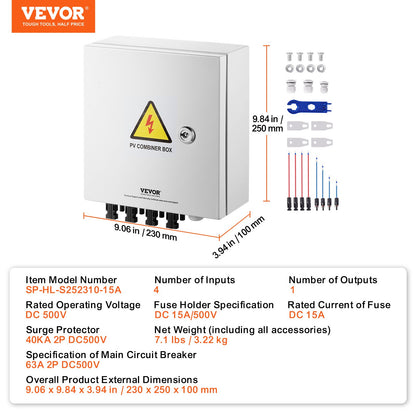 PV Combiner Box, 4 String, Solar Combiner Box with 15A Rated Current Fuse 63A Circuit Breaker Lightning V952-GFHLX4HL15ATMYRICY3