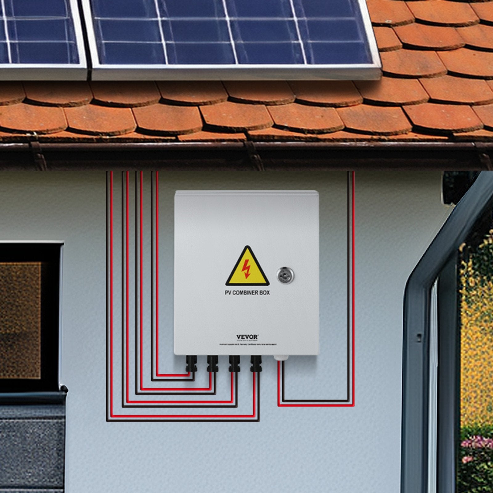 PV Combiner Box, 4 String, Solar Combiner Box with 15A Rated Current Fuse 63A Circuit Breaker Lightning V952-GFHLX4HL15ATMYRICY3