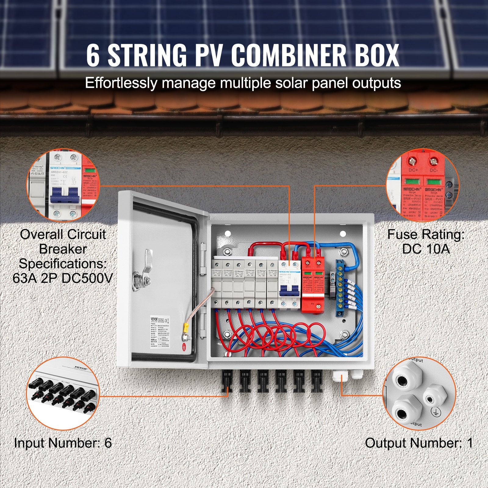 Solar PV Combiner Box 6 String 10A for Solar Panel System Steel Case IP65 V952-GFHLX6HL10ATXX3C2Y3
