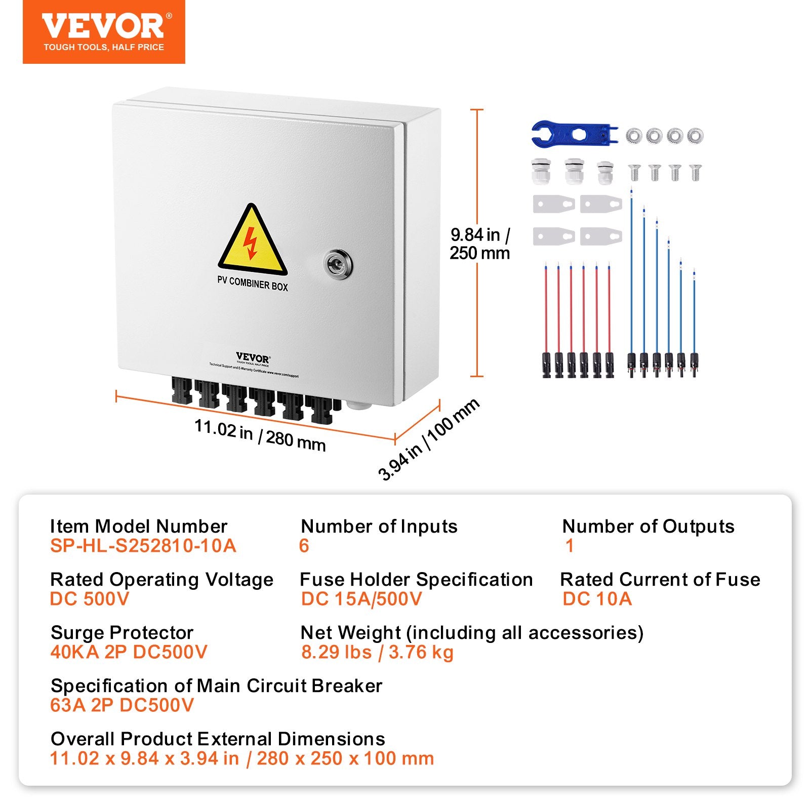 Solar PV Combiner Box 6 String 10A for Solar Panel System Steel Case IP65 V952-GFHLX6HL10ATXX3C2Y3