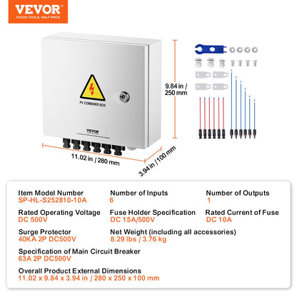 Solar PV Combiner Box 6 String 10A for Solar Panel System Steel Case IP65 V952-GFHLX6HL10ATXX3C2Y3