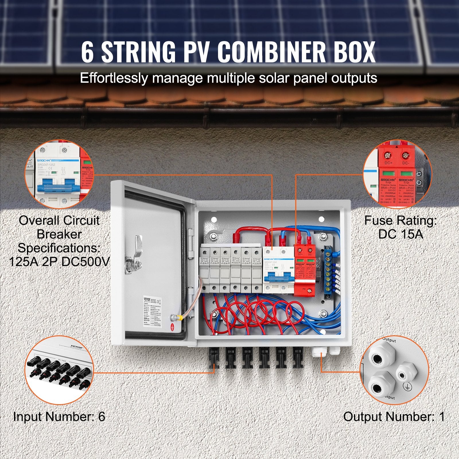 Solar PV Combiner Box 6 String 15A for Solar Panel System Steel Case IP65 V952-GFHLX6HL15ATXZH6YY3