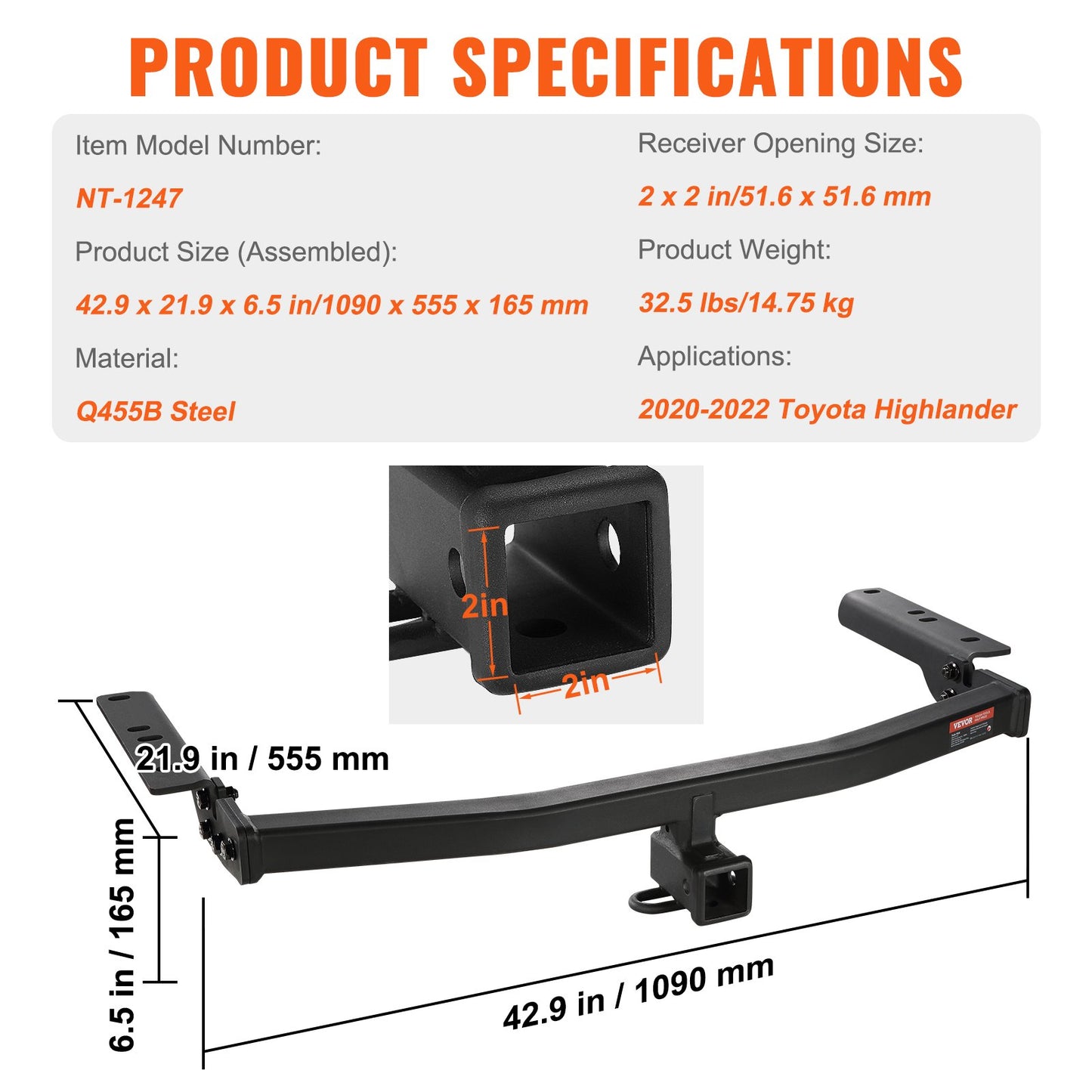 Class 3 Trailer Hitch, 2-Inch Receiver, Q455B Steel Tube Frame, Compatible with 2020-2023 Toyota Highlander, V952-GGLJQTG2YCTOVCHLXV0