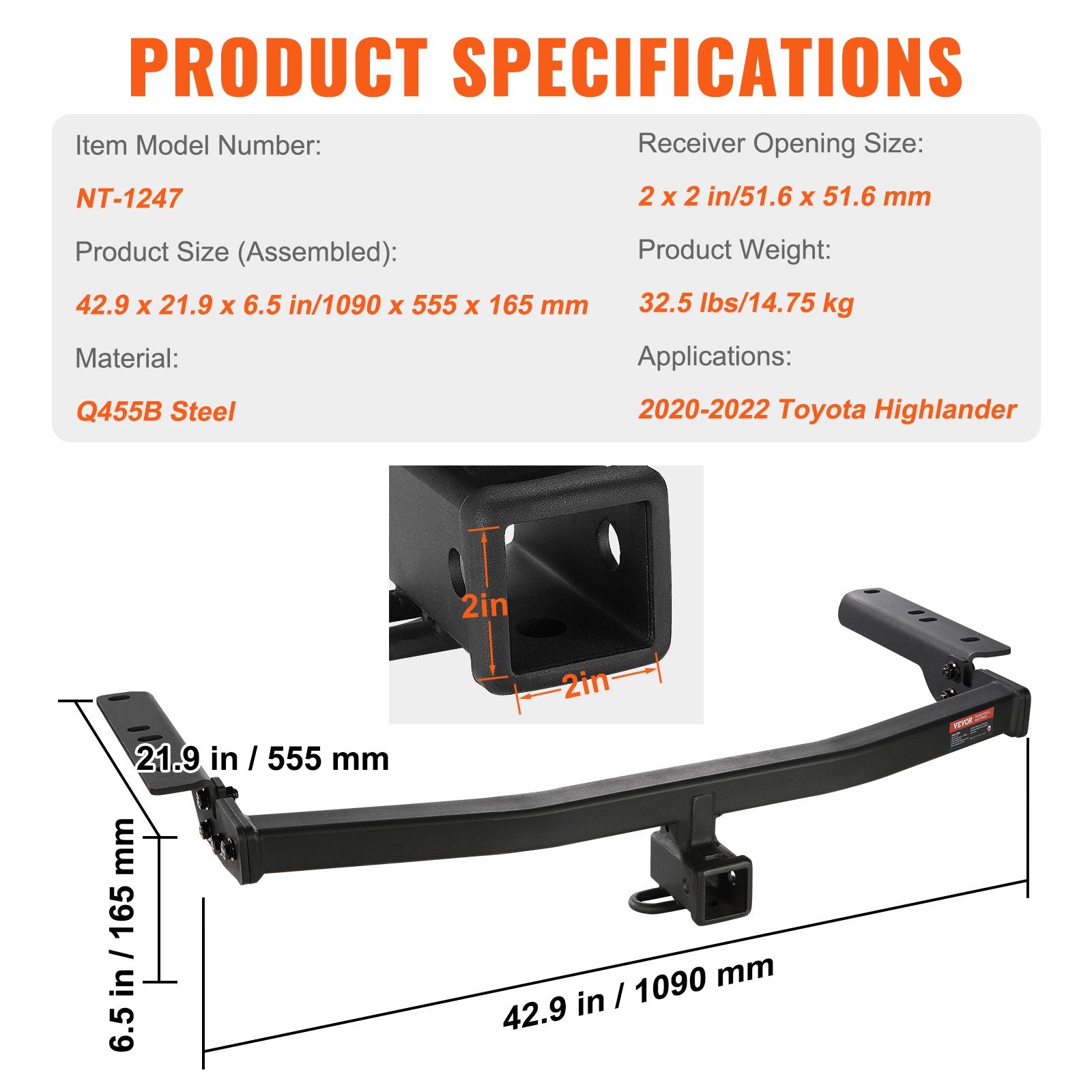 Class 3 Trailer Hitch, 2-Inch Receiver, Q455B Steel Tube Frame, Compatible with 2020-2023 Toyota Highlander, V952-GGLJQTG2YCTOVCHLXV0