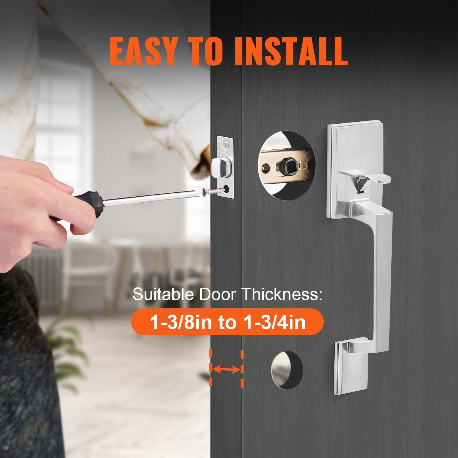 Entry Door Handle, Satin Nickel Square Handle Set with Lever Door Handle No Lock, Adjustable Hole Space, V952-GGSBDMNBDSFXMCY8VV0