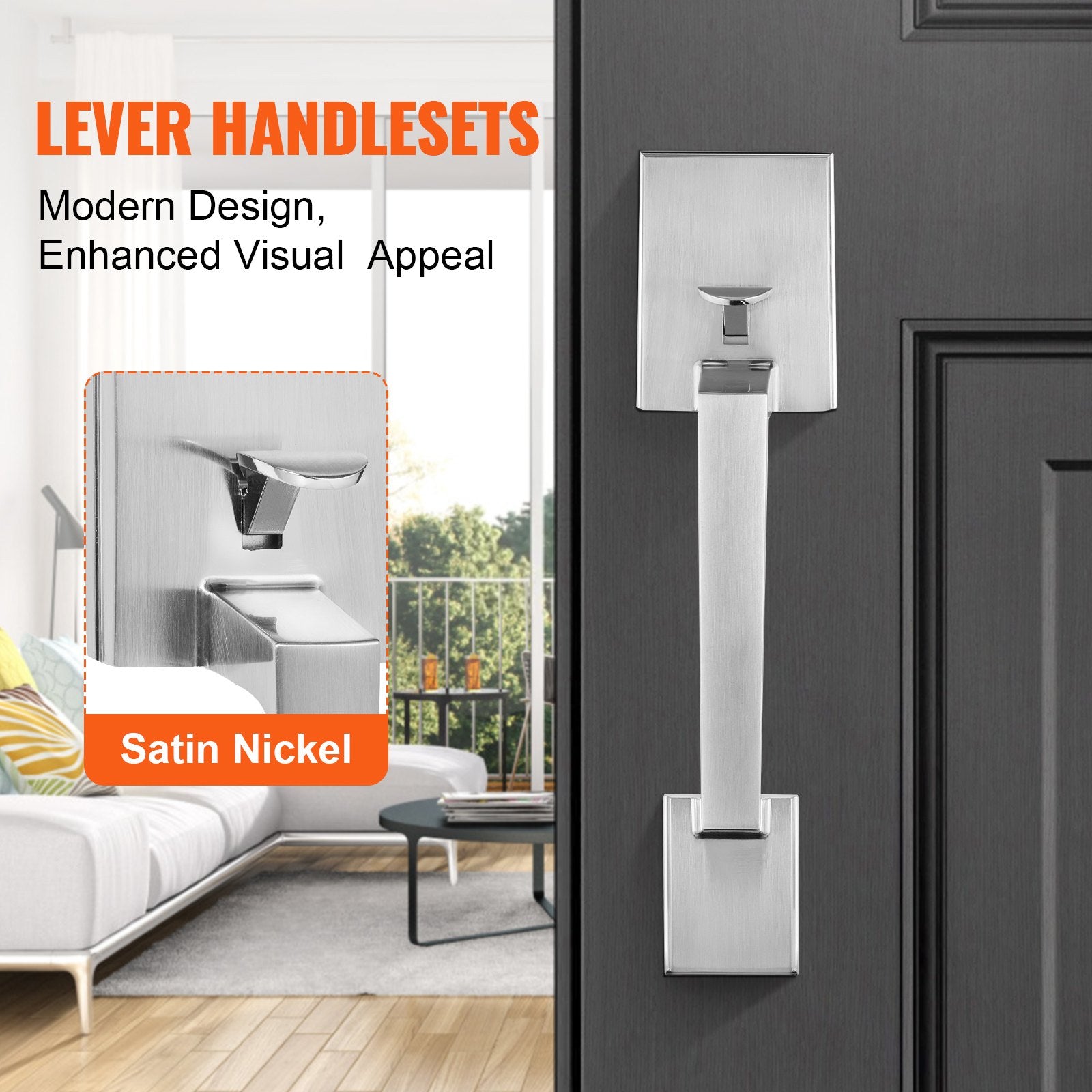 Entry Door Handle, Satin Nickel Square Handle Set with Lever Door Handle No Lock, Adjustable Hole Space, V952-GGSBDMNBDSFXMCY8VV0