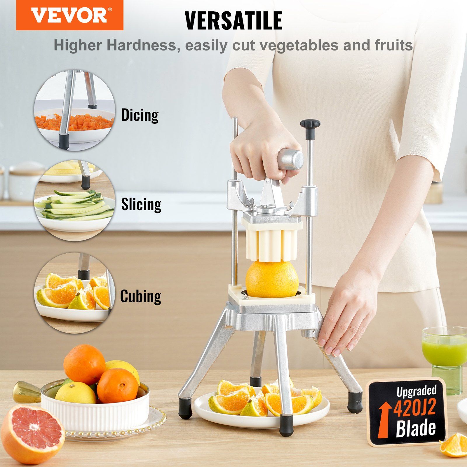 Commercial Vegetable Fruit Chopper, Stainless Steel French Fry Cutter with 4 Blades 1/4" 3/8" 1/2", 6-wedge V952-GGSSDQTJJB412RXV9V0