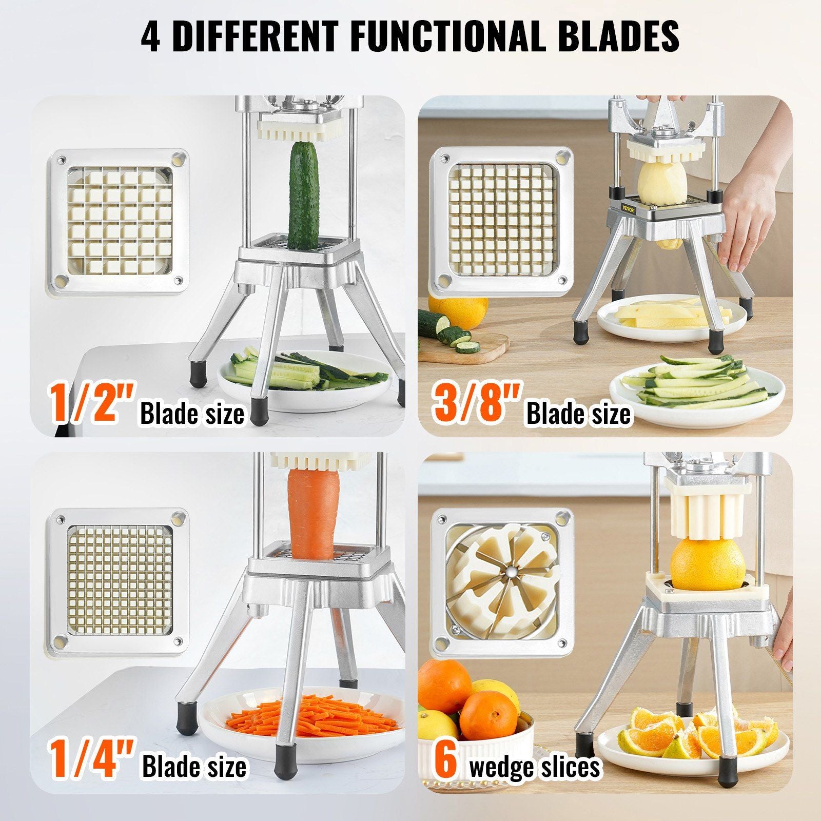 Commercial Vegetable Fruit Chopper, Stainless Steel French Fry Cutter with 4 Blades 1/4" 3/8" 1/2", 6-wedge V952-GGSSDQTJJB412RXV9V0