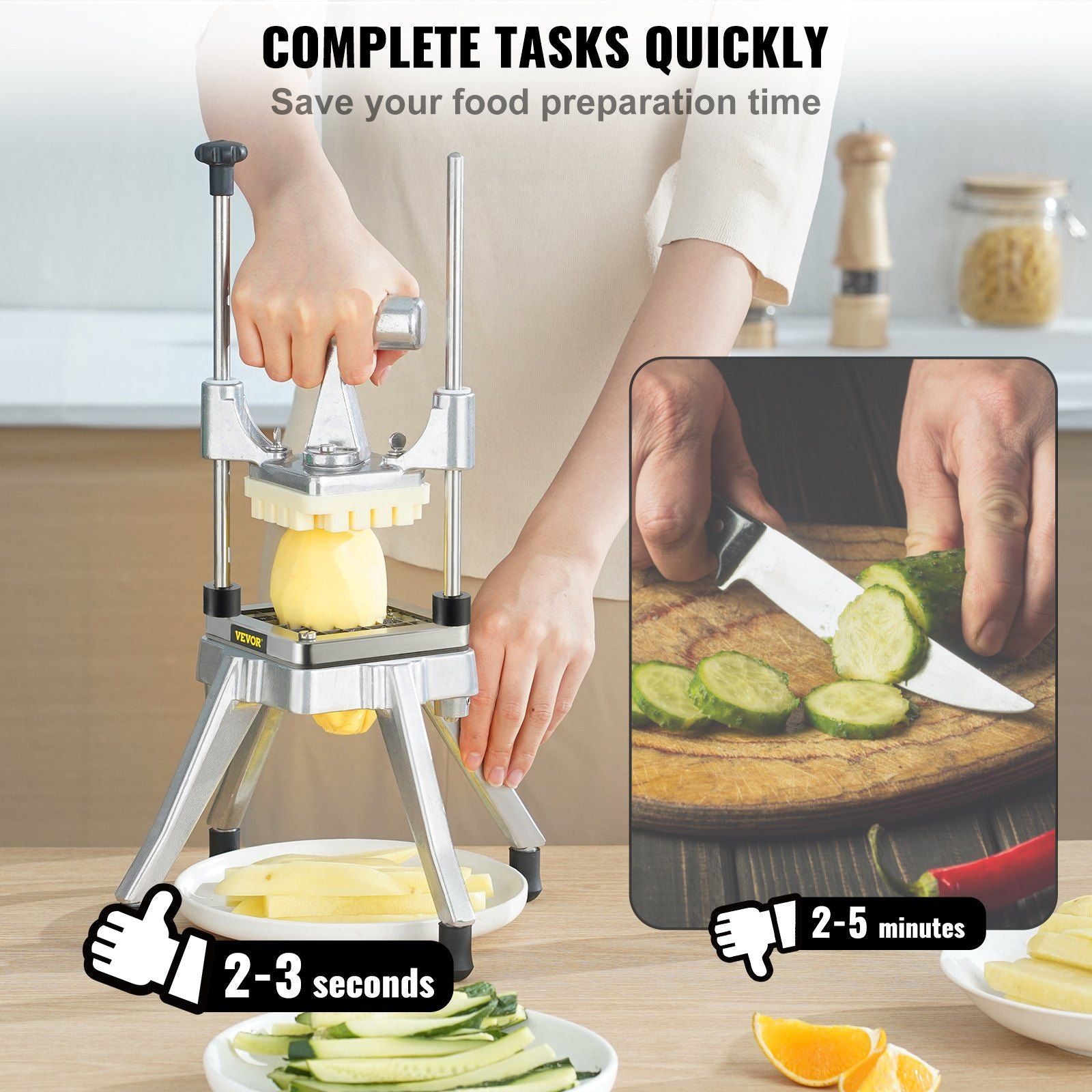 Commercial Vegetable Fruit Chopper, Stainless Steel French Fry Cutter with 4 Blades 1/4" 3/8" 1/2", 6-wedge V952-GGSSDQTJJB412RXV9V0