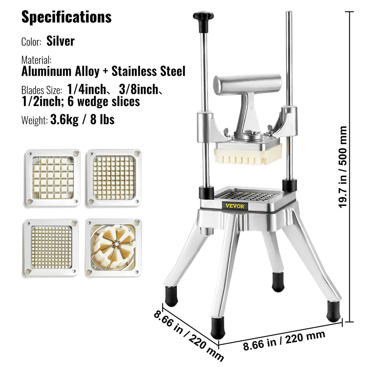 Commercial Vegetable Fruit Chopper, Stainless Steel French Fry Cutter with 4 Blades 1/4" 3/8" 1/2", 6-wedge V952-GGSSDQTJJB412RXV9V0