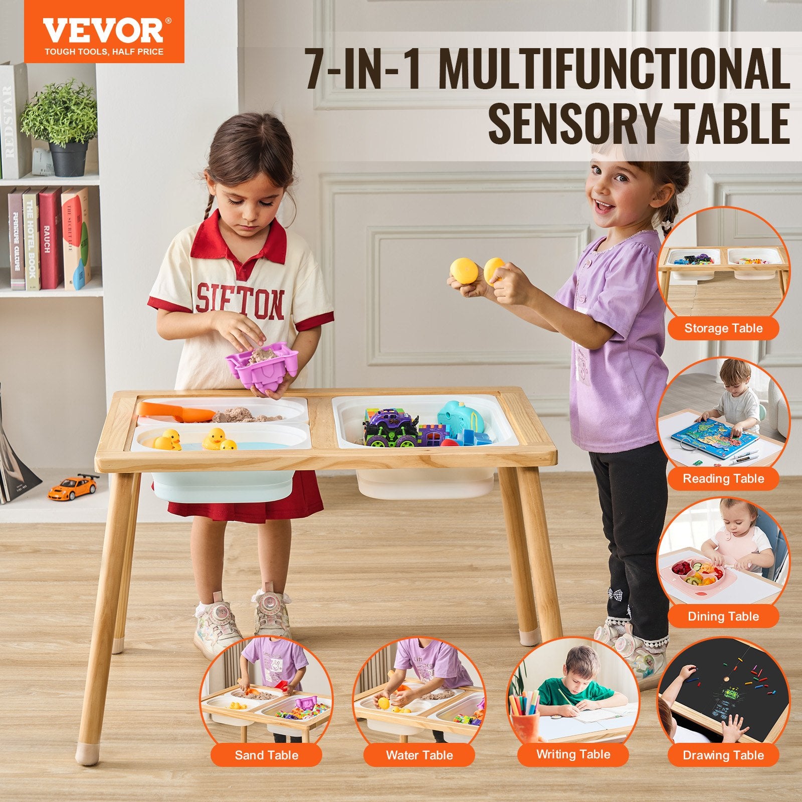 Kids Sensory Table Indoor Wooden Play Sand Water Table with 3 Storage Bins V952-GGZDCWXK2129BE939V0
