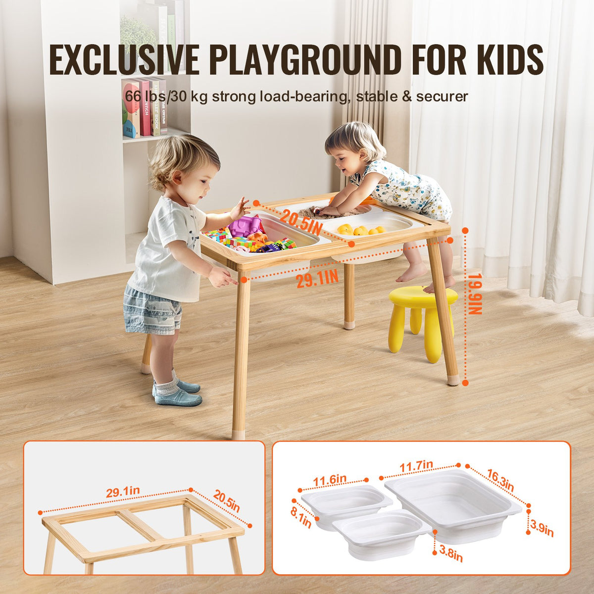 Kids Sensory Table Indoor Wooden Play Sand Water Table with 3 Storage Bins V952-GGZDCWXK2129BE939V0