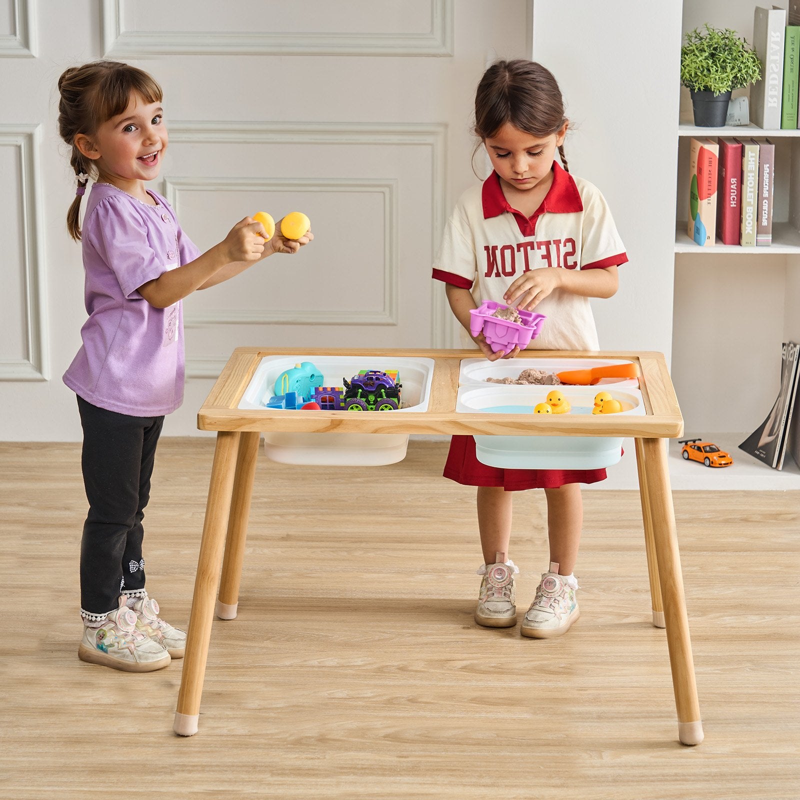 Kids Sensory Table Indoor Wooden Play Sand Water Table with 3 Storage Bins V952-GGZDCWXK2129BE939V0