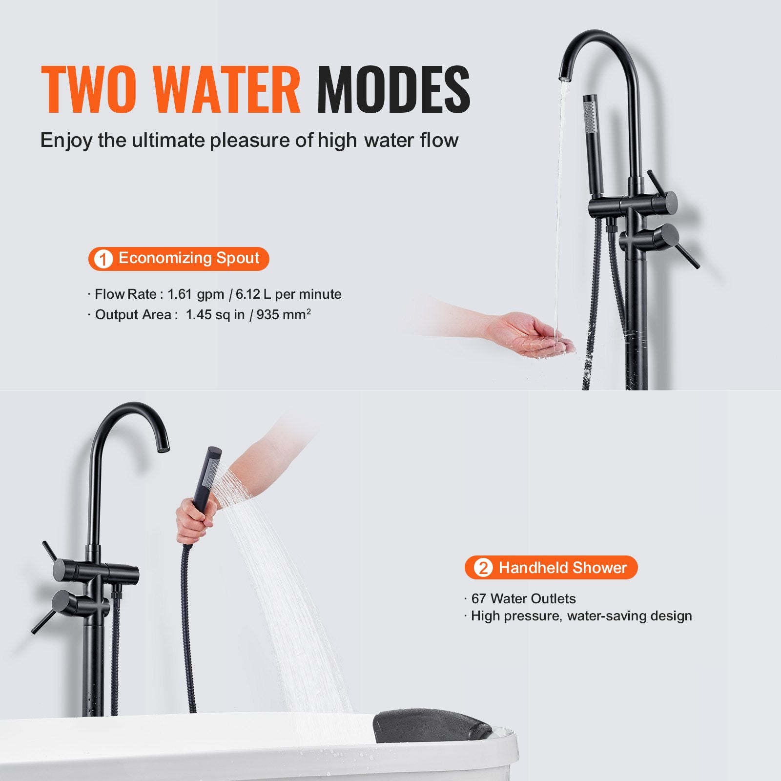 Freestanding Bathtub Faucet, Floor Mount, Freestanding Tub Filler, Shower Mixer Taps, Two Water Modes, 360 V952-GHKSLTSYXYGH0IJXEV0