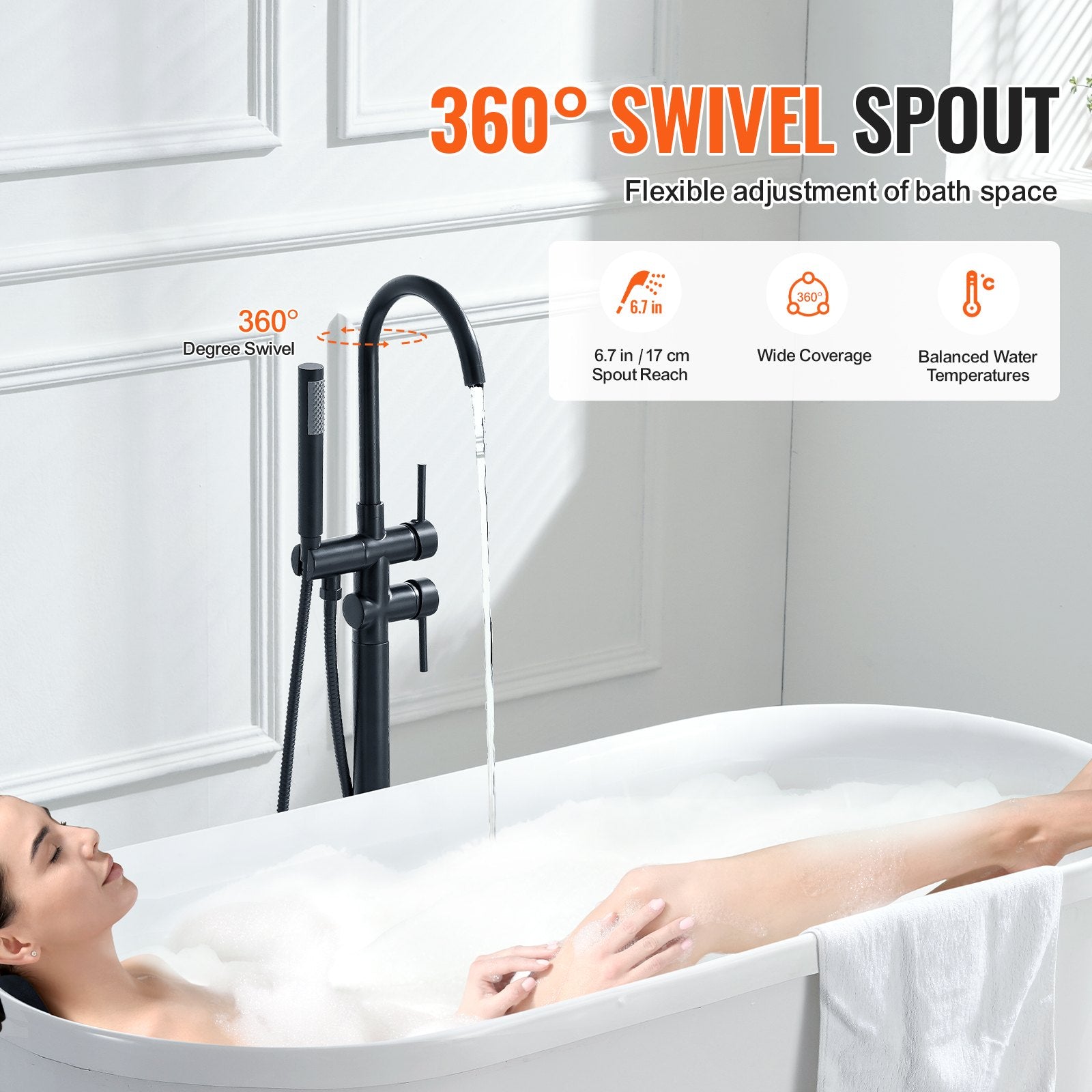 Freestanding Bathtub Faucet, Floor Mount, Freestanding Tub Filler, Shower Mixer Taps, Two Water Modes, 360 V952-GHKSLTSYXYGH0IJXEV0