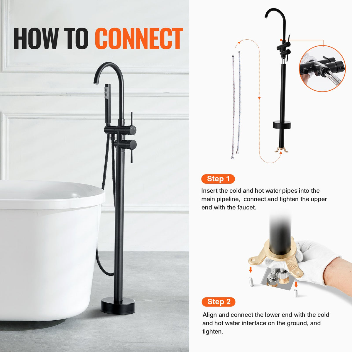 Freestanding Bathtub Faucet, Floor Mount, Freestanding Tub Filler, Shower Mixer Taps, Two Water Modes, 360 V952-GHKSLTSYXYGH0IJXEV0