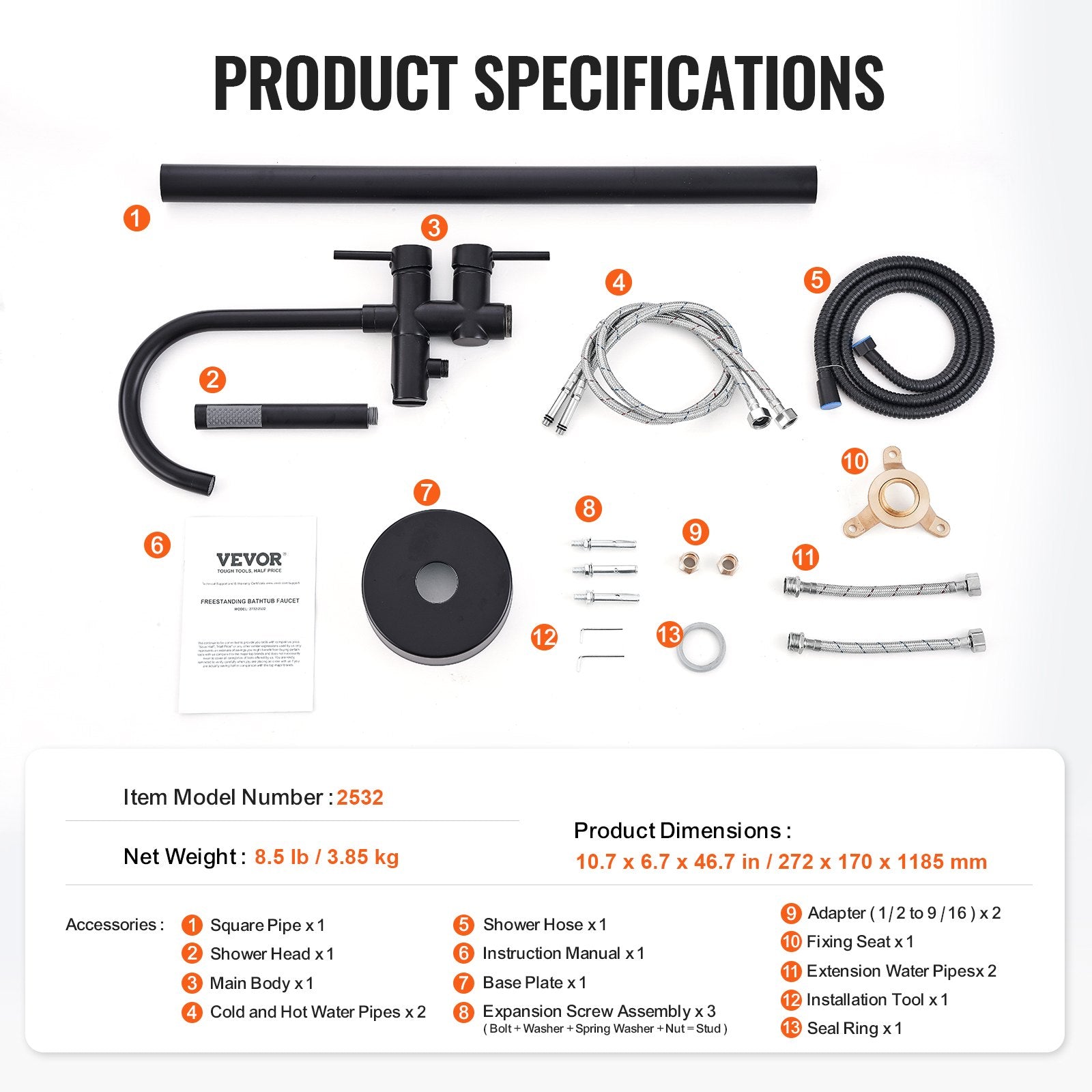 Freestanding Bathtub Faucet, Floor Mount, Freestanding Tub Filler, Shower Mixer Taps, Two Water Modes, 360 V952-GHKSLTSYXYGH0IJXEV0