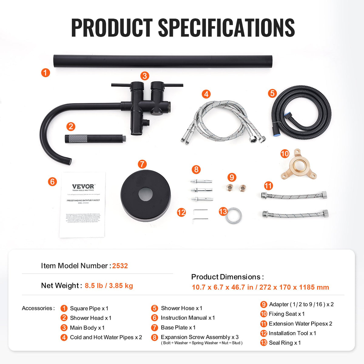 Freestanding Bathtub Faucet, Floor Mount, Freestanding Tub Filler, Shower Mixer Taps, Two Water Modes, 360 V952-GHKSLTSYXYGH0IJXEV0