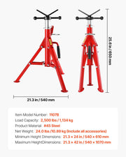 V Head Pipe Stand 0.32 - 30.48 cm Capacity, Adjustable Height 610mm-1067mm, Pipe Jack Stands 1134kg Load V952-GJ1107BGJ-VX00001V0