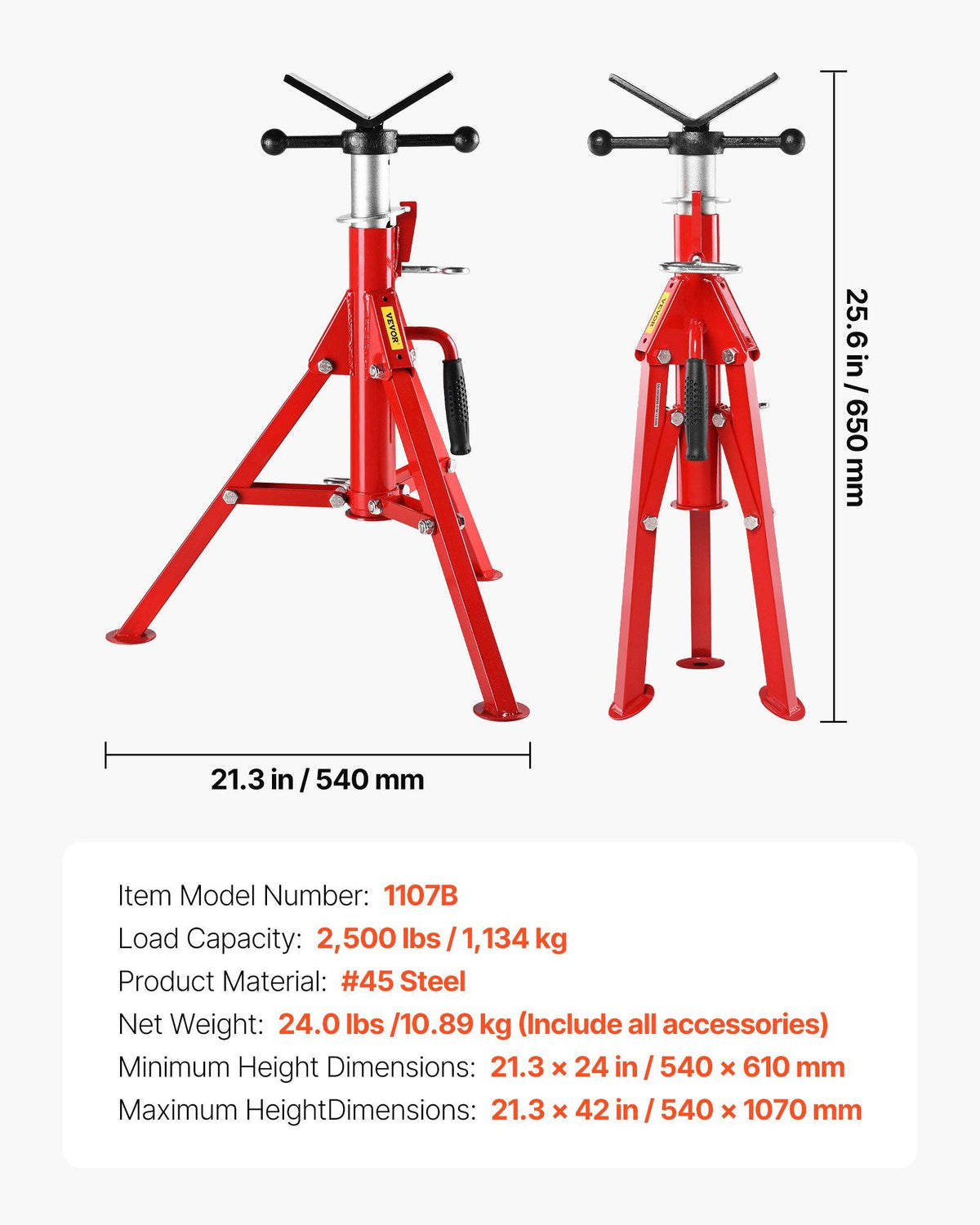 V Head Pipe Stand 0.32 - 30.48 cm Capacity, Adjustable Height 610mm-1067mm, Pipe Jack Stands 1134kg Load V952-GJ1107BGJ-VX00001V0
