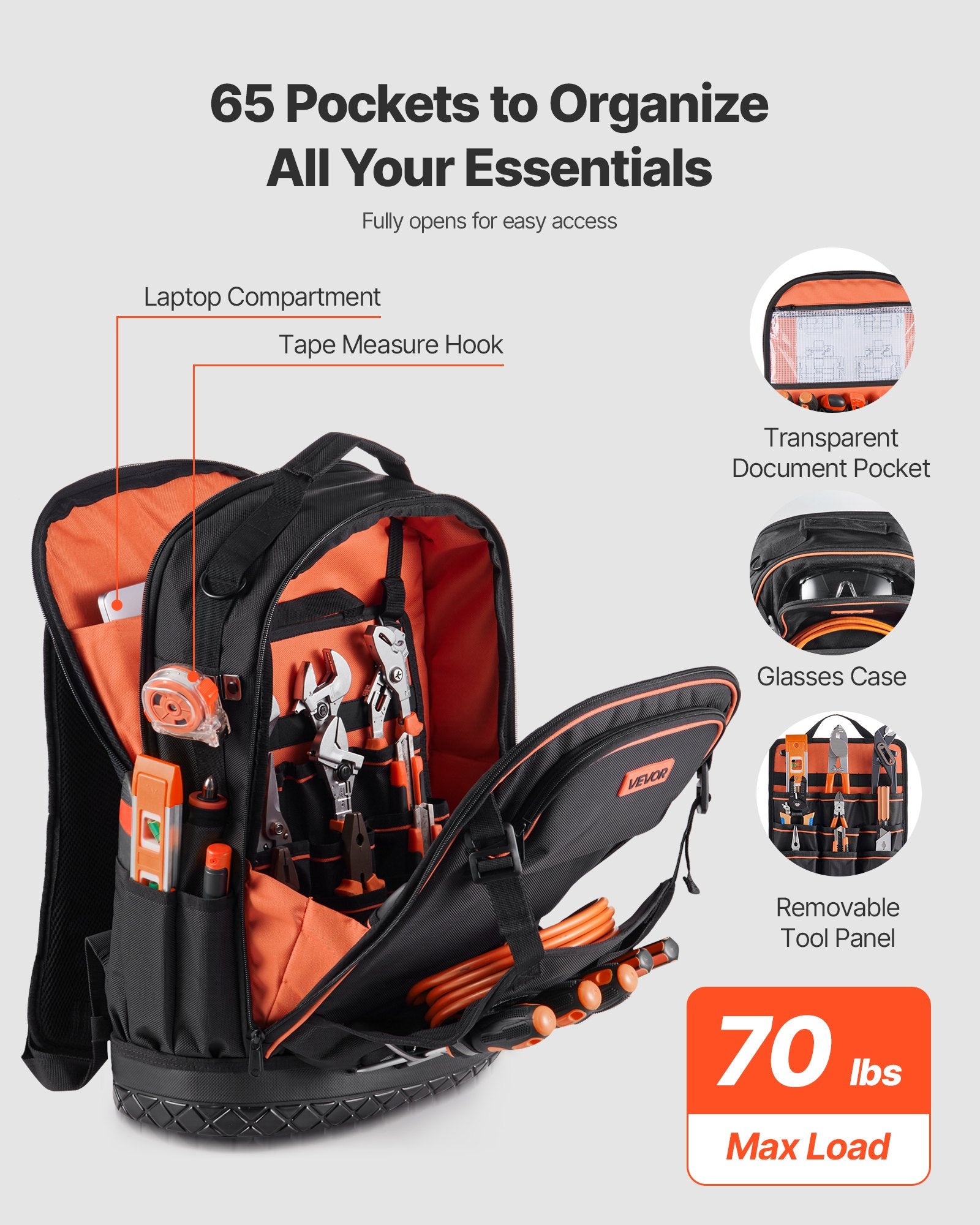 Tool Backpack, 65 Pockets, Heavy-duty Tools Storage Organizer Work Bags with Laptop Compartment & Molded V952-GJBB1416INCH5R4Z0001V0