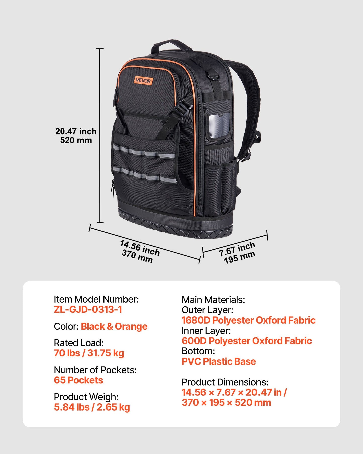 Tool Backpack, 65 Pockets, Heavy-duty Tools Storage Organizer Work Bags with Laptop Compartment & Molded V952-GJBB1416INCH5R4Z0001V0