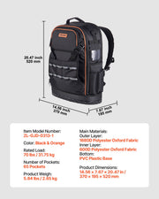 Tool Backpack, 65 Pockets, Heavy-duty Tools Storage Organizer Work Bags with Laptop Compartment & Molded V952-GJBB1416INCH5R4Z0001V0