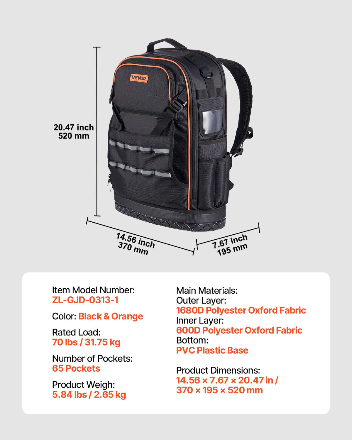 Tool Backpack, 65 Pockets, Heavy-duty Tools Storage Organizer Work Bags with Laptop Compartment & Molded V952-GJBB1416INCH5R4Z0001V0