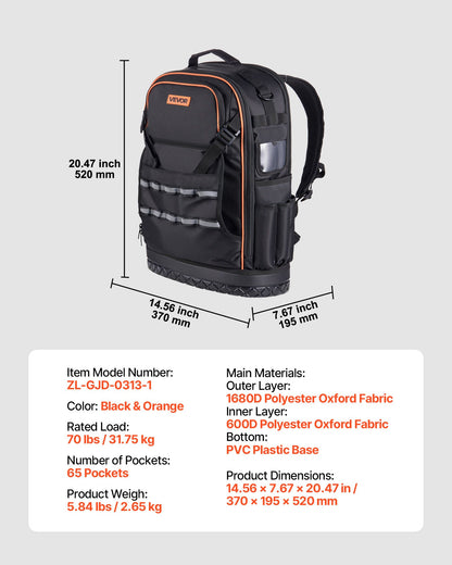 Tool Backpack, 65 Pockets, Heavy-duty Tools Storage Organizer Work Bags with Laptop Compartment & Molded V952-GJBB1416INCH5R4Z0001V0