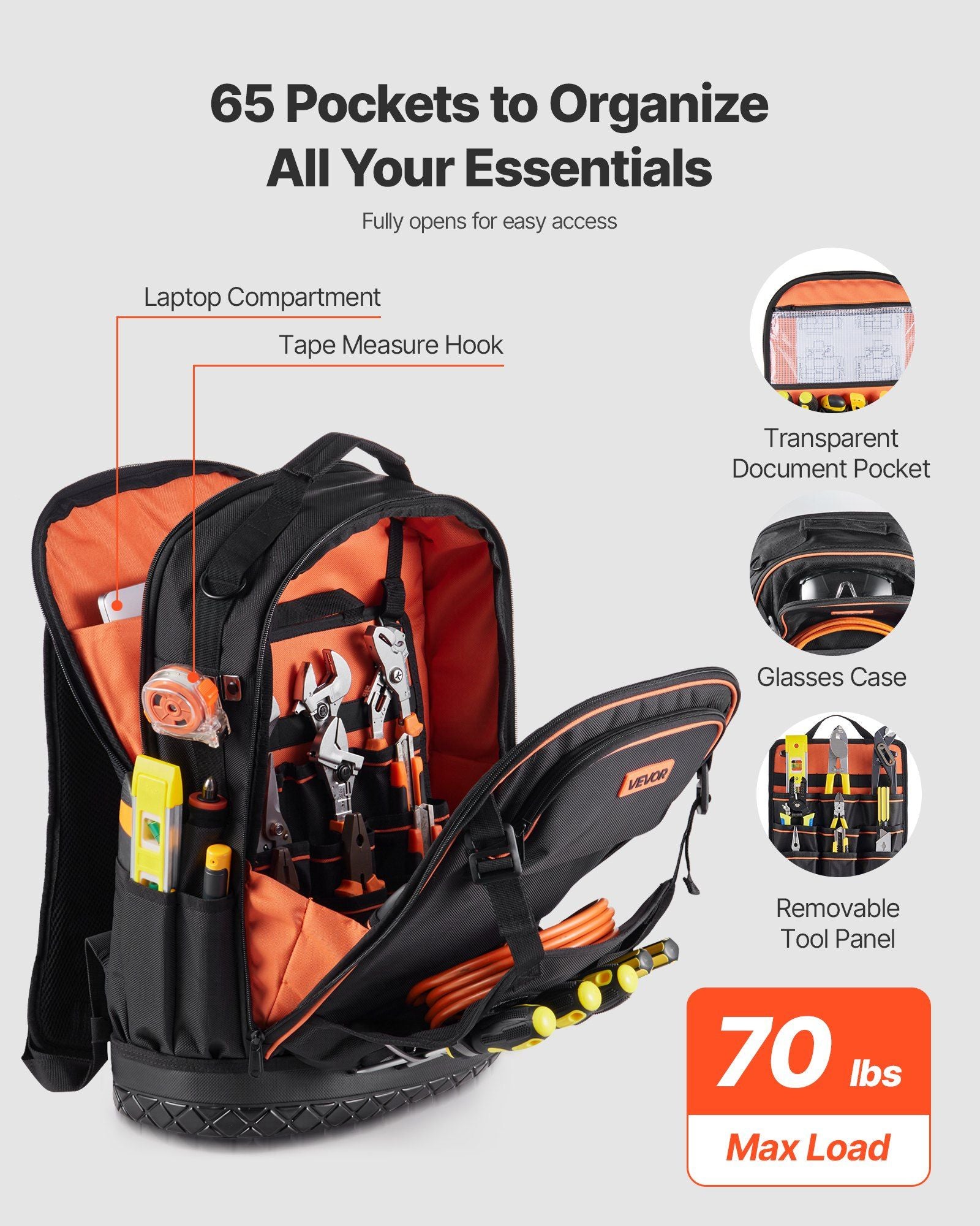 Tool Backpack with Tools, 65 Pockets, Heavy-duty Tools Storage Organizer Bags with Laptop Compartment & V952-GJBB1416INCHDUXTA001V0