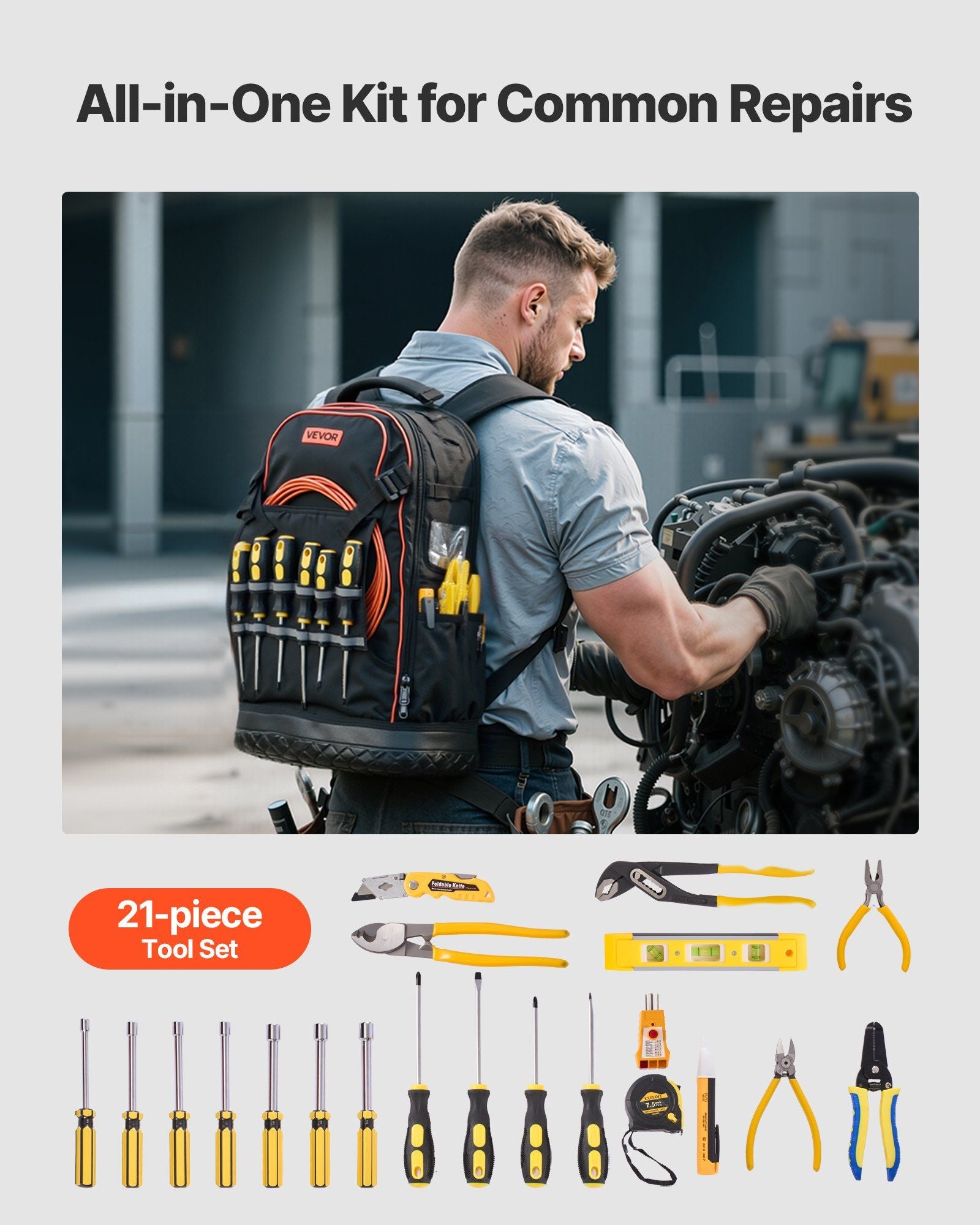 Tool Backpack with Tools, 65 Pockets, Heavy-duty Tools Storage Organizer Bags with Laptop Compartment & V952-GJBB1416INCHDUXTA001V0