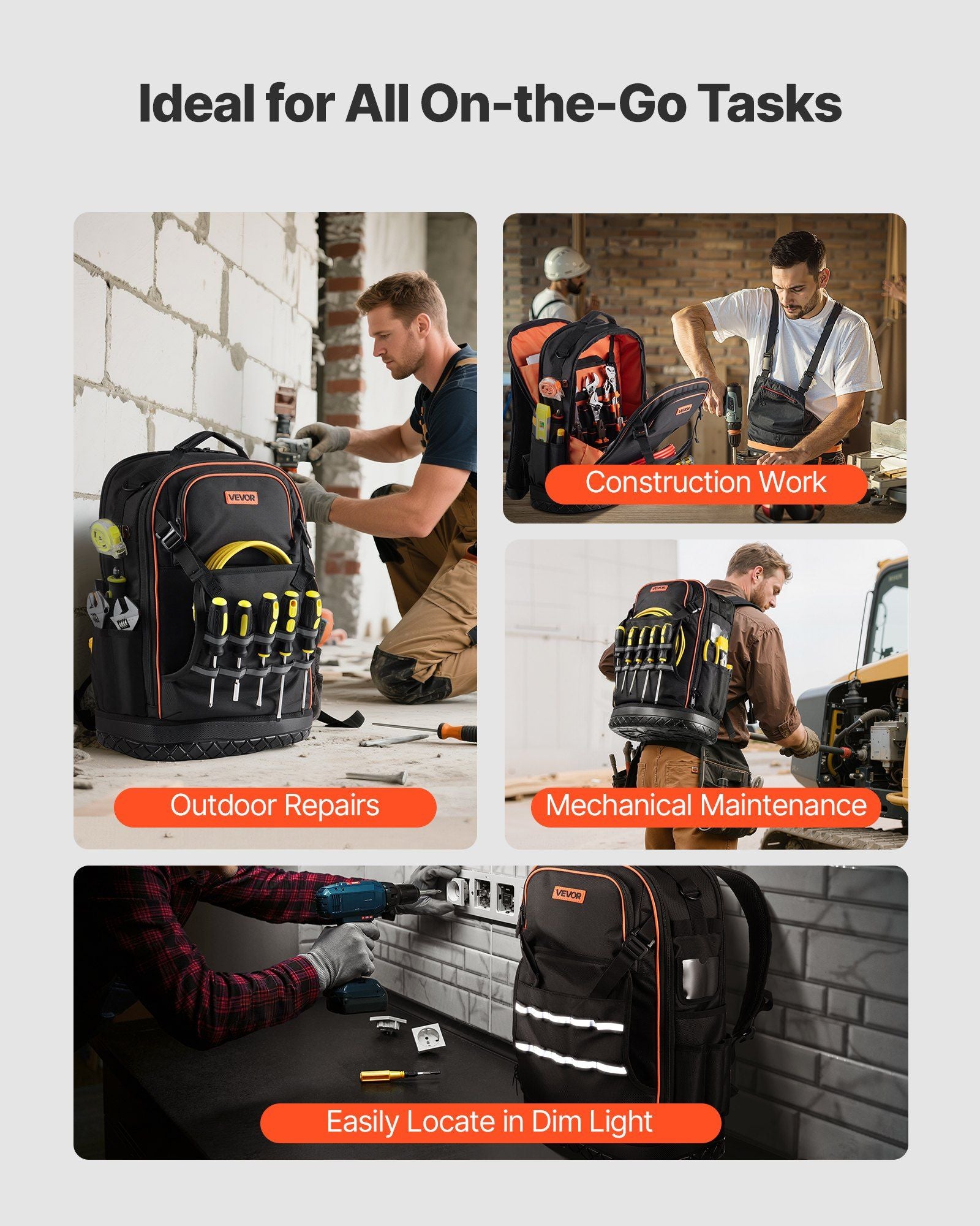 Tool Backpack with Tools, 65 Pockets, Heavy-duty Tools Storage Organizer Bags with Laptop Compartment & V952-GJBB1416INCHDUXTA001V0