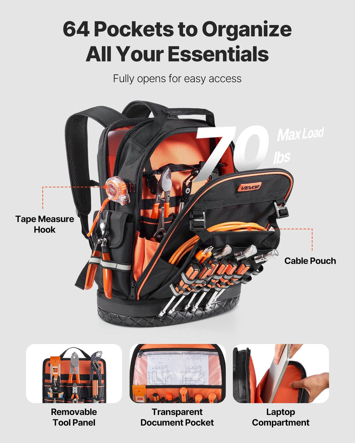 Tool Backpack, 64 Pockets, Heavy-duty Tools Storage Organizer Work Bags with Laptop Compartment & Molded V952-GJBB1416INCHEILMT001V0