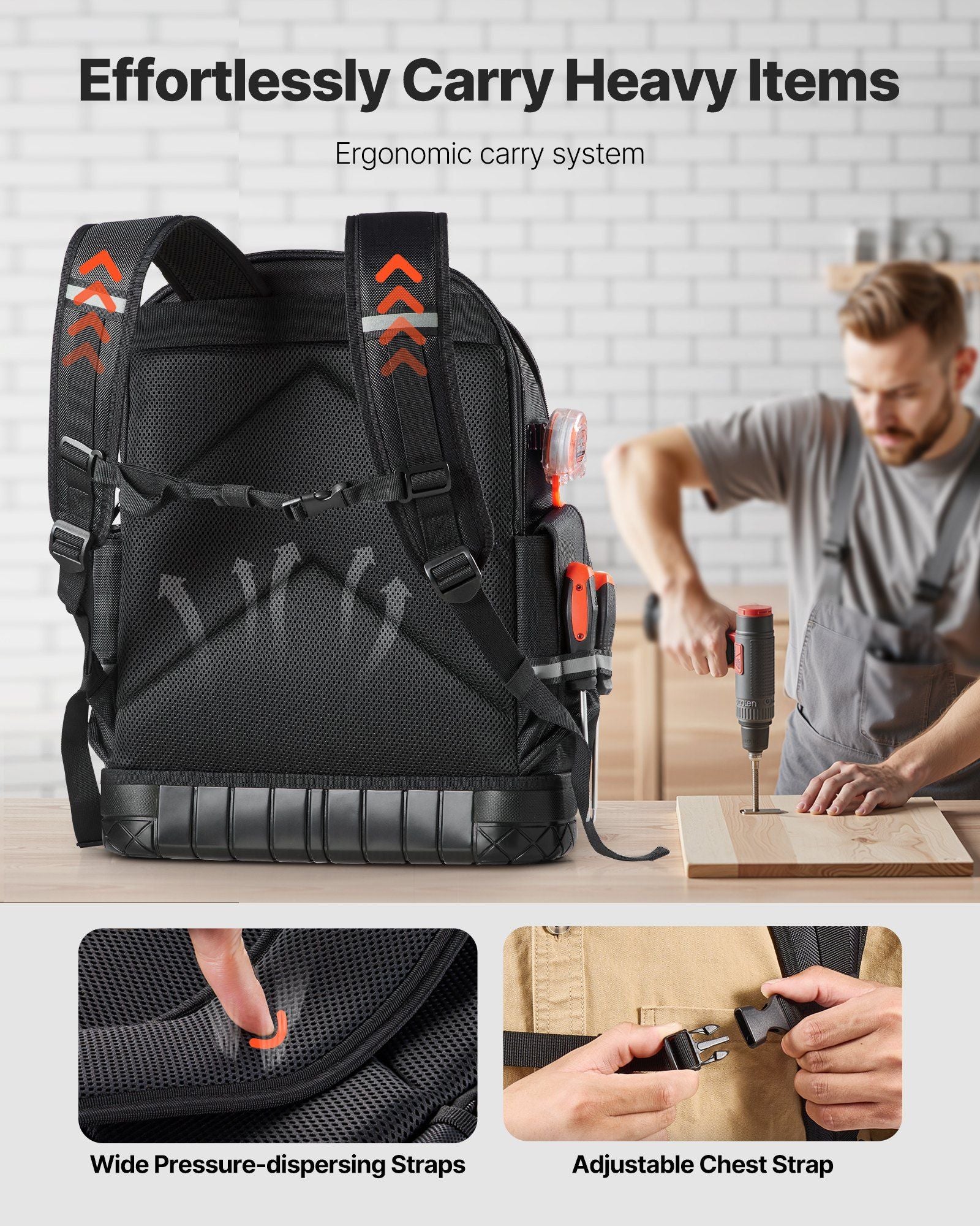 Tool Backpack, 64 Pockets, Heavy-duty Tools Storage Organizer Work Bags with Laptop Compartment & Molded V952-GJBB1416INCHEILMT001V0