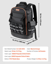 Tool Backpack, 64 Pockets, Heavy-duty Tools Storage Organizer Work Bags with Laptop Compartment & Molded V952-GJBB1416INCHEILMT001V0
