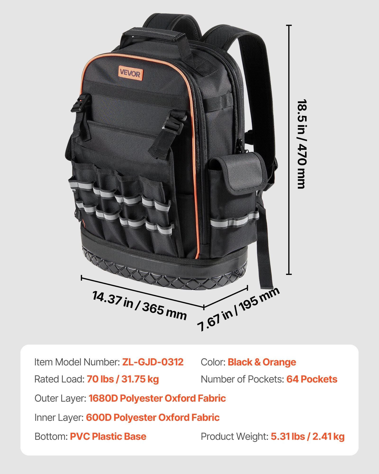 Tool Backpack, 64 Pockets, Heavy-duty Tools Storage Organizer Work Bags with Laptop Compartment & Molded V952-GJBB1416INCHEILMT001V0