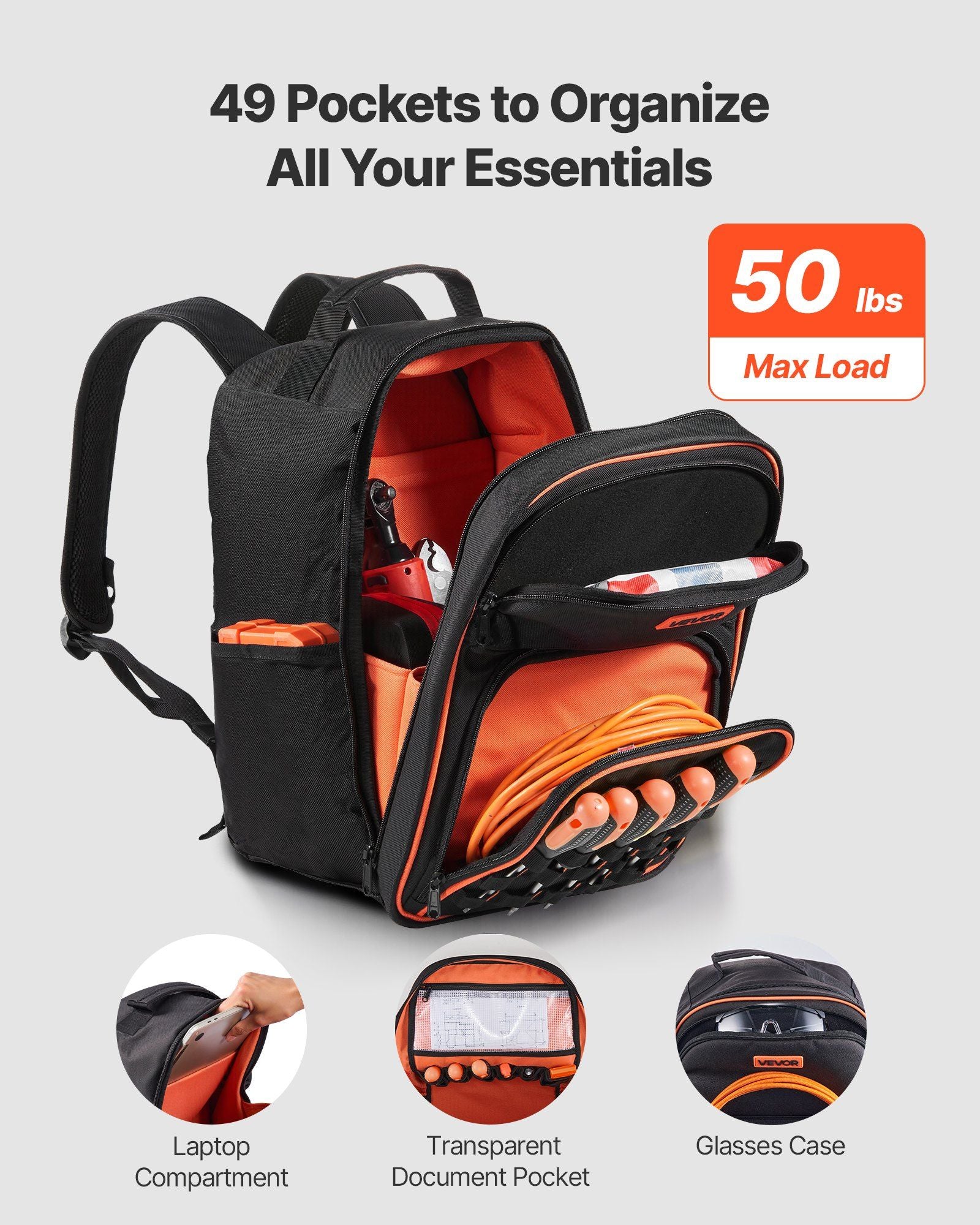 Tool Backpack, 49 Pockets, Heavy-duty Tools Storage Organizer Work Bags with Laptop Compartment & Reinforced V952-GJBBBD1012INXI8UM001V0
