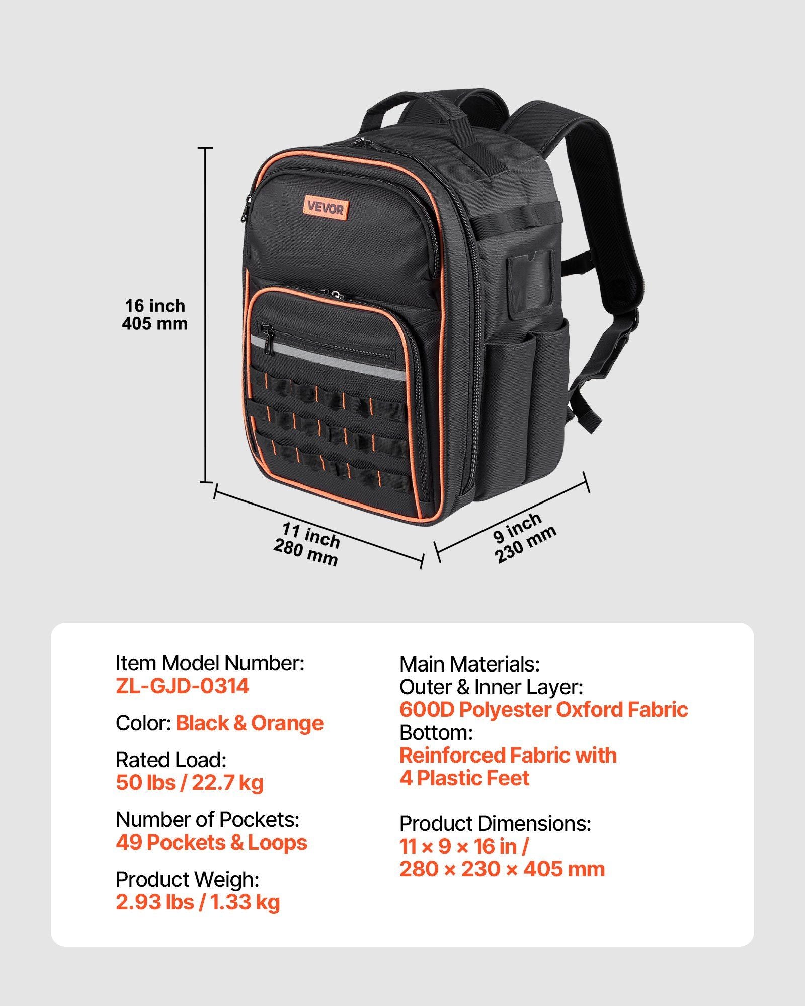 Tool Backpack, 49 Pockets, Heavy-duty Tools Storage Organizer Work Bags with Laptop Compartment & Reinforced V952-GJBBBD1012INXI8UM001V0