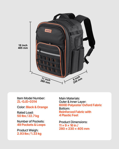 Tool Backpack, 49 Pockets, Heavy-duty Tools Storage Organizer Work Bags with Laptop Compartment & Reinforced V952-GJBBBD1012INXI8UM001V0