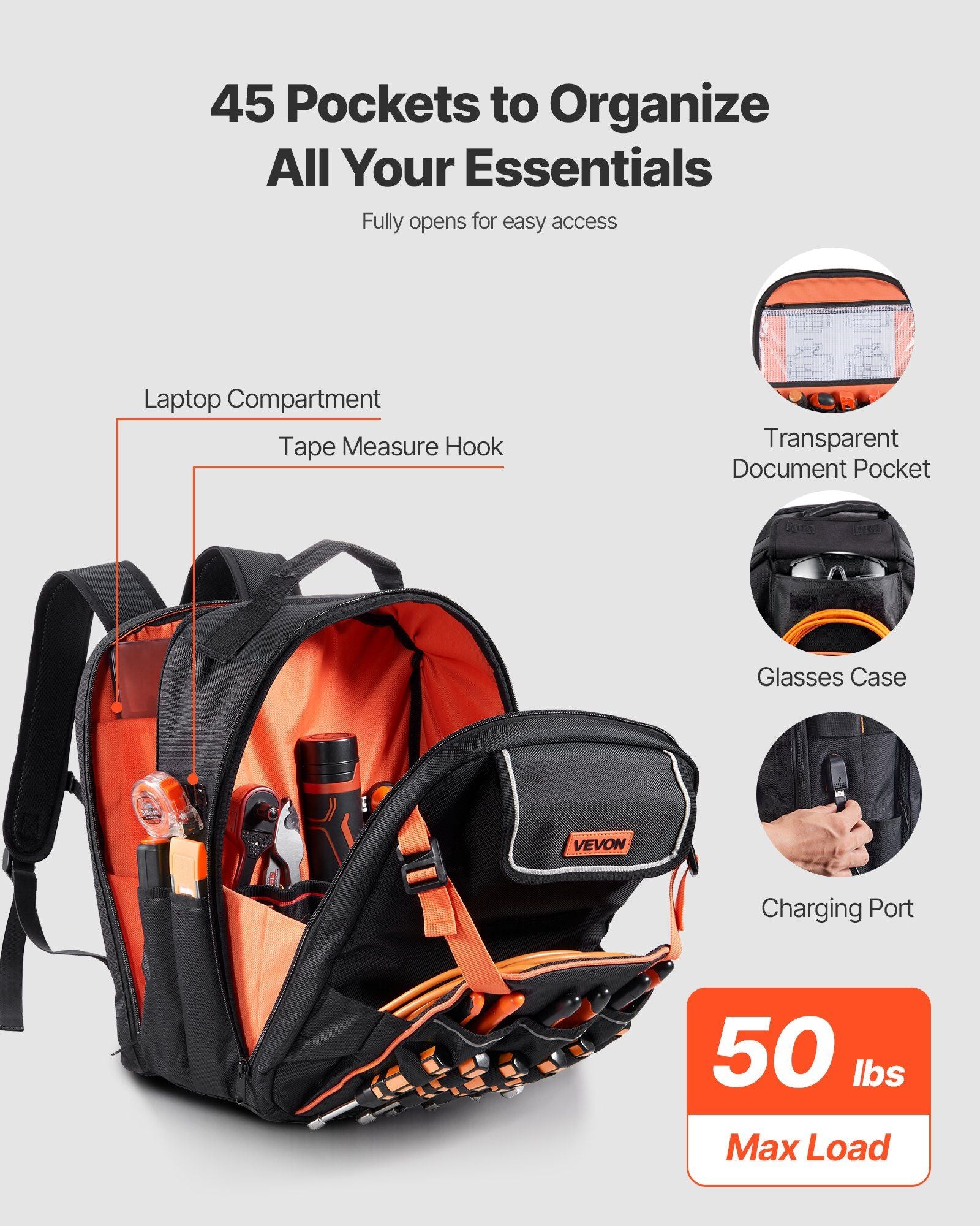 Tool Backpack, 45 Pockets, Heavy-duty Tools Storage Organizer Work Bags with Laptop Compartment & Reinforced V952-GJBBBD1214IN0W07J001V0