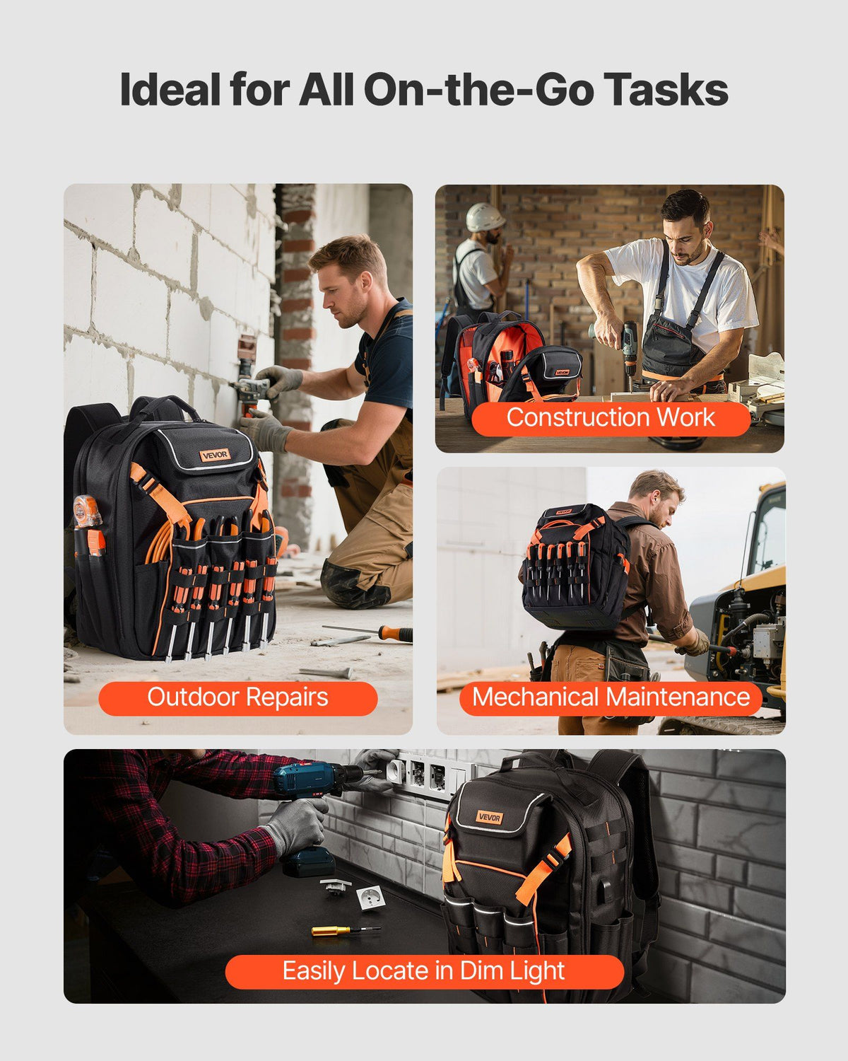Tool Backpack, 45 Pockets, Heavy-duty Tools Storage Organizer Work Bags with Laptop Compartment & Reinforced V952-GJBBBD1214IN0W07J001V0