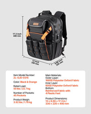 Tool Backpack, 45 Pockets, Heavy-duty Tools Storage Organizer Work Bags with Laptop Compartment & Reinforced V952-GJBBBD1214IN0W07J001V0