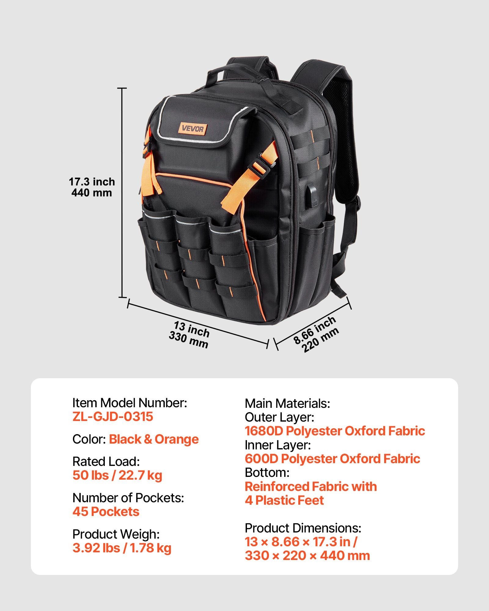 Tool Backpack, 45 Pockets, Heavy-duty Tools Storage Organizer Work Bags with Laptop Compartment & Reinforced V952-GJBBBD1214IN0W07J001V0