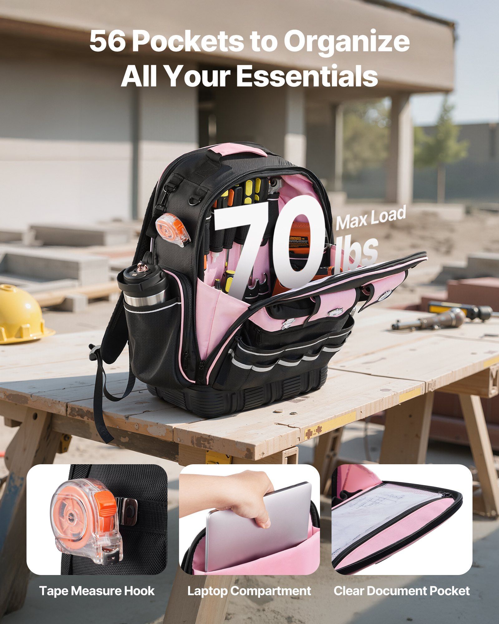 Tool Backpack, 56 Pockets, Heavy-duty Tools Storage Organizer Work Bags with Laptop Compartment & Molded V952-GJBBSLD1012I9UUIW001V0