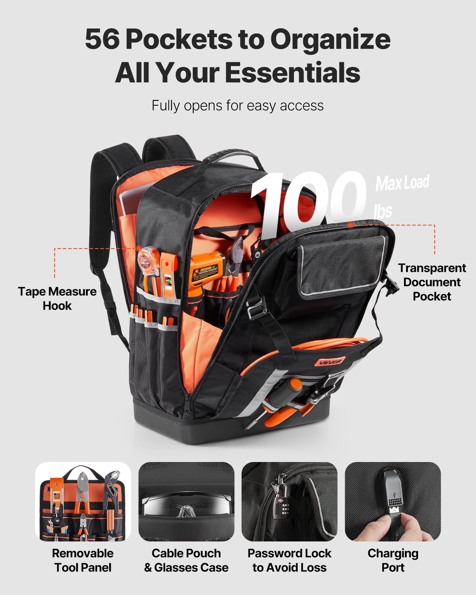 Tool Backpack, 56 Pockets, Heavy-duty Tools Storage Organizer Bags with Molded Base, Electrician Jobsite V952-GJBBSLD1214IOF1S8001V0