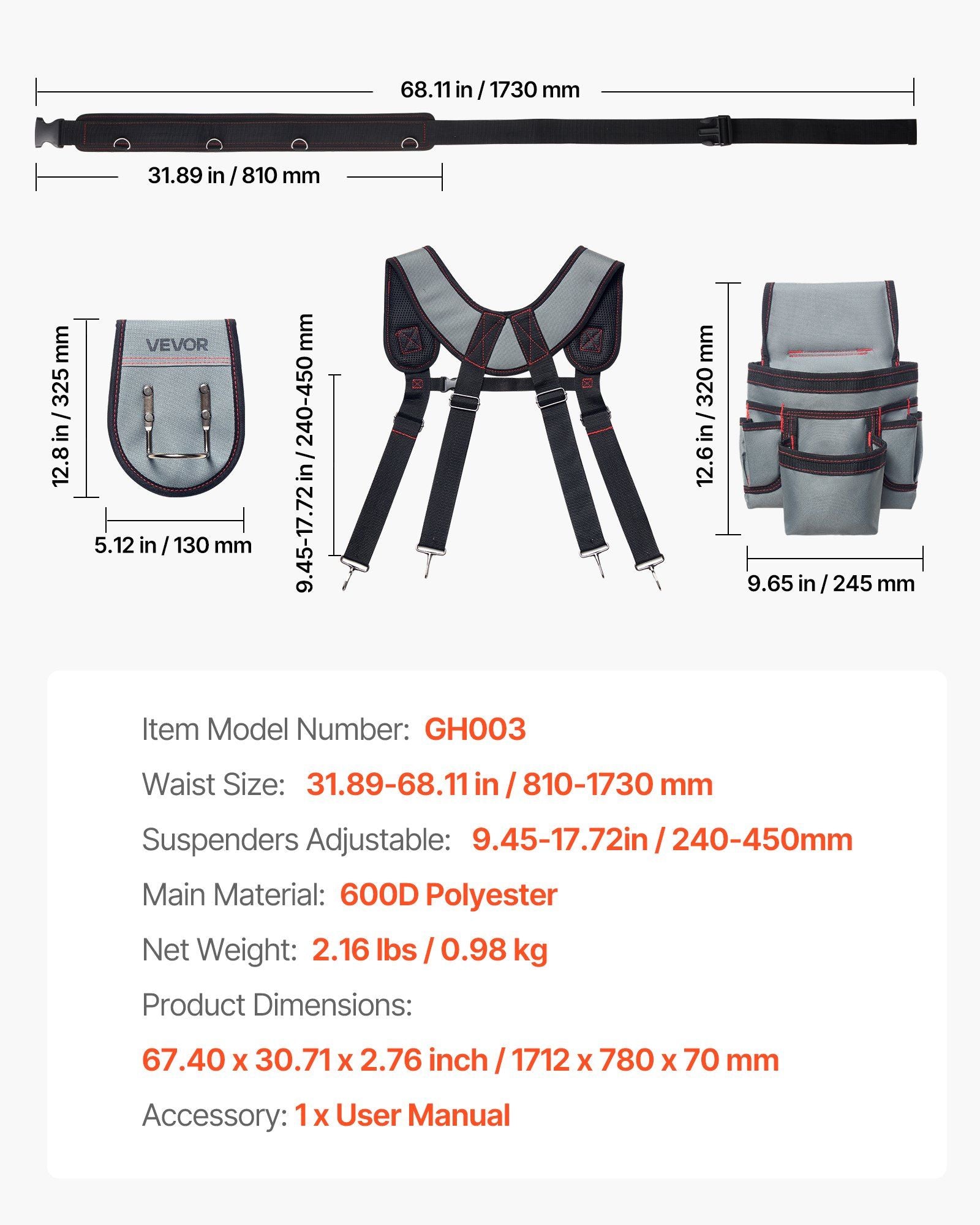 Tool Belt, 22 Pockets Tool Pouch with Suspenders for Men, Heavy Duty Adjustable Utility Belt Bag Suspenders V952-GJDDKXCGKSYBIQ911001V0
