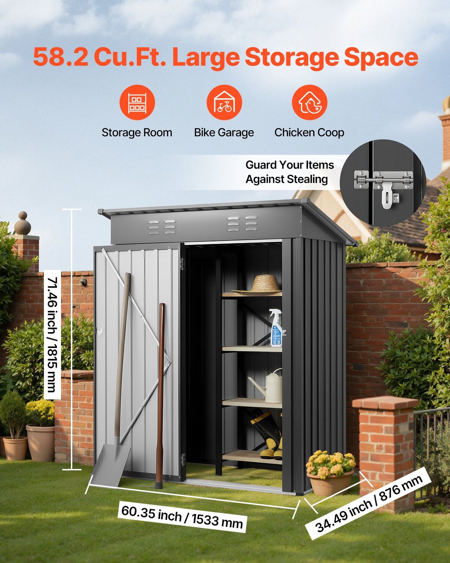 1533 x 876 x 1815 mm Metal Garden Shed, Storage Building with Lockable Door & 2 Louver Vents, Sloped Roof V952-GJF53FTHHSMSOZT3V001V0