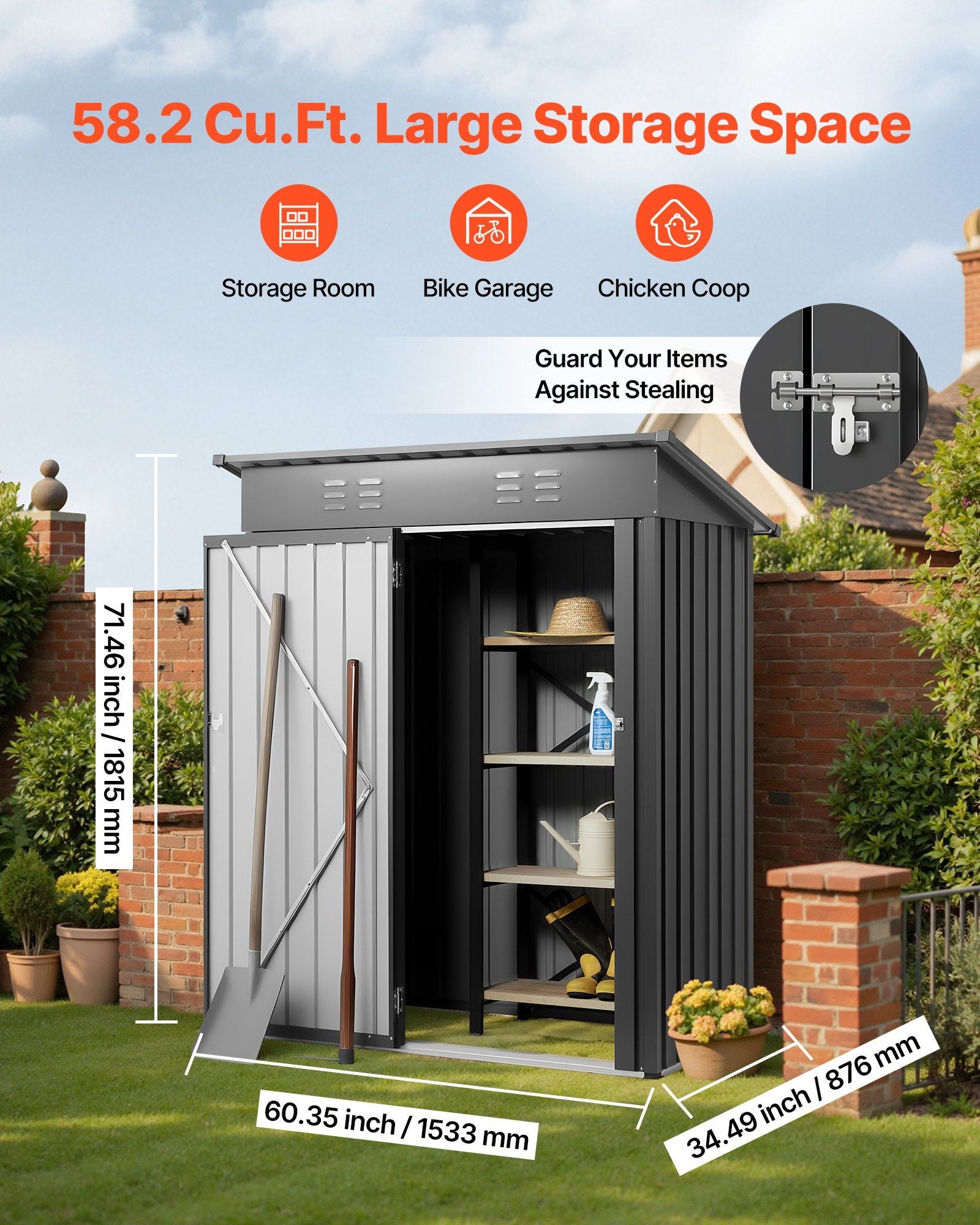 1533 x 876 x 1815 mm Metal Garden Shed, Storage Building with Lockable Door & 2 Louver Vents, Sloped Roof V952-GJF53FTHHSMSOZT3V001V0