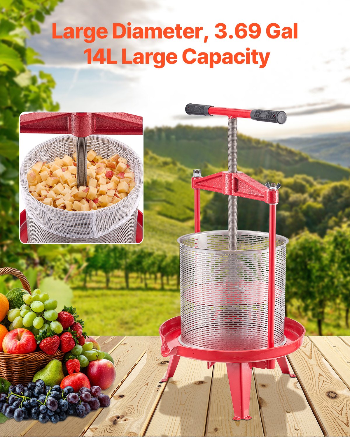 3.69 Gal/14L Fruit Wine Press, Stainless Steel Basket with Cross-beam and Triangular Structure, Manual Juice V952-GJYZJLSBXG142GNCWV0