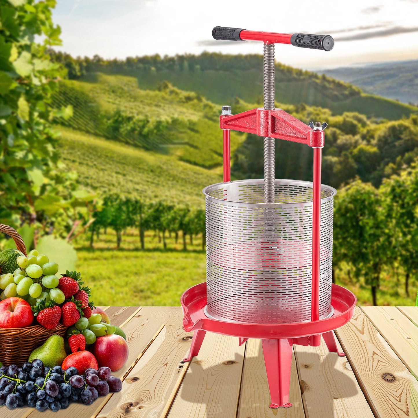 3.69 Gal/14L Fruit Wine Press, Stainless Steel Basket with Cross-beam and Triangular Structure, Manual Juice V952-GJYZJLSBXG142GNCWV0